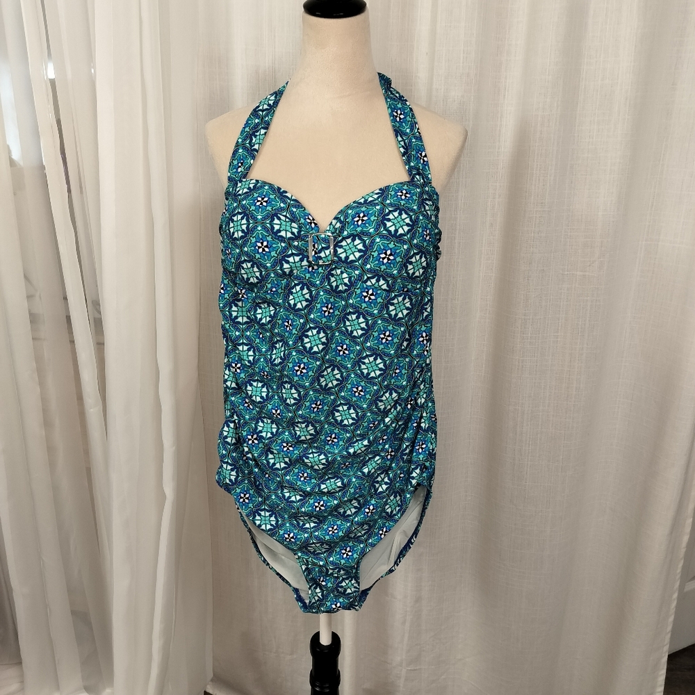 Spanx Love Your Assets One Piece Swimsuit Size XL Turquoise Blue Medallion